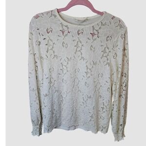 Pointe Lace Top Women M Cream Floral Long Sleeve Smocked Cuff Blouse #625